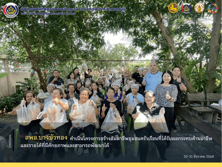สพอ.บางบัวทอง ดำเนินโครงการสร้างสัมมาชีพชุมชนครัวเรือนที่ได้รับผลกระทบด้านอาชีพและรายได้ที่มีศักยภาพและสามารถพัฒนาได้