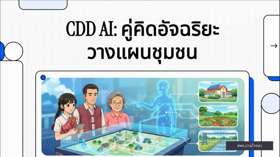 สพอ.บางบัวทอง สนับสนุนให้มีการใช้ประโยชน์ระบบ CDD AI วิเคราะห์สถานการณ์เชิงลึกในวันนี้ ในหัวข้อ "CDD AI คู่คิดอัจฉริยะวางแผนชุมชน"