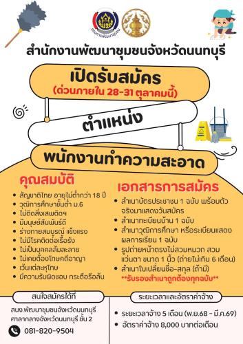 สพจ.นนทบุรี รับสมัครงาน ตำแหน่ง พนักงานทำความสะอาด